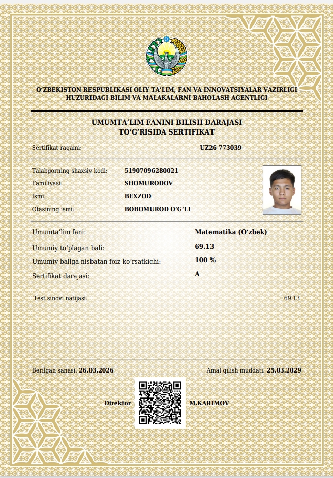 O'quvchimiz Matematika fani bo'yicha "Milliy sertifikat"ni qo'lga kiritdi.